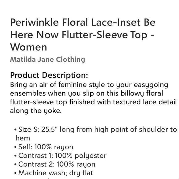 Matilda Jane NWT Periwinkle flutter sleeve floral rayon top SM - Picture 4 of 9